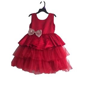 NNJXD‎ Girls Red Tulle Party Dress Sequin Bow Tiered Formal Size 6-7 120 Holiday